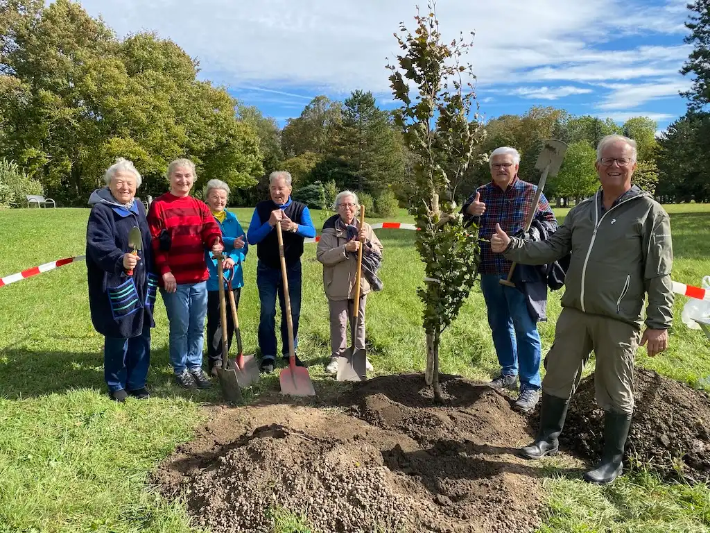 Mehrere Personen stehen um einen frisch gepflanzten Baum und zeigen den Daumen nach oben